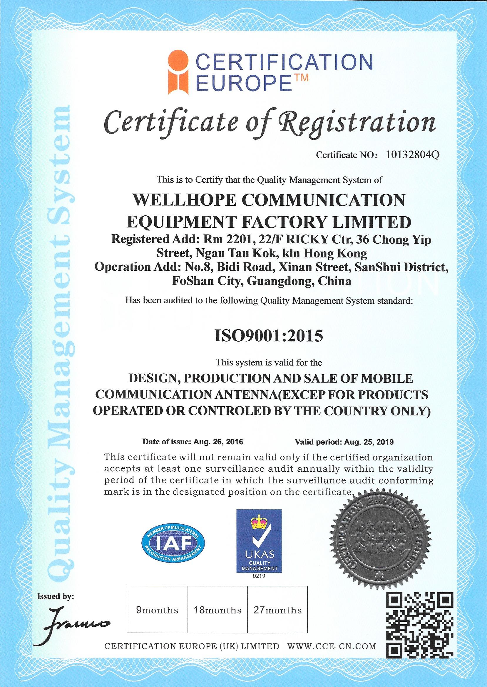  Wellhope .Bezprzewodowe zatwierdzanie przez ISO9001 